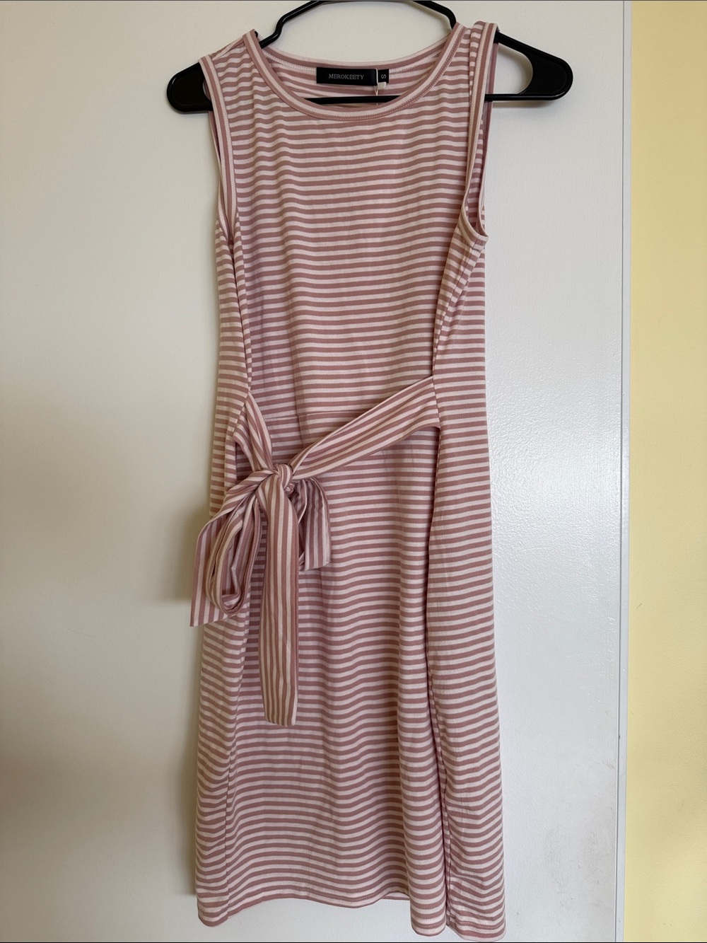 Sleeveless Midi Dress with Tie Waist - Mauve Stripe- NWT